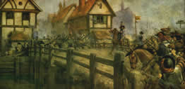 This painting of the attack on Brentford bridge was produced by John Hassall in 1928 for the local MP, Colonel Grant Morden who used it as a Christmas card to send to his constituents
