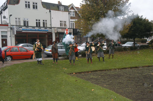 Soldiers from John Hampden’s regiment fire a volley to salute the opening of the Turnham Green part of the battlefield trail