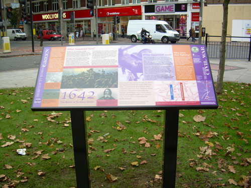 The battle of Turnham Green information board outside the Barley Mow Public House
