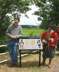 Satisfaction at a job well done .... Trust members at the Cropredy battlefield panel unveiling on 26th June 2005. Stephen Barker (left), is taking the lead on the preparation of the panels, and Peter Ellis (right) who is helping to put the trail in place. The Cropredy panel is just one of the five to be installed as part of the development of the Edgcote to Edgehill Battlefields Trail.
