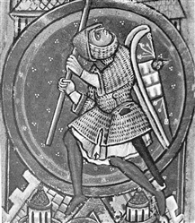 Detail from the Winchester Bible of a warrior wearing helmet with nasal, shirt of mail, kite shield, sword and lance/spear c.1150 from Arms and Armour in England HMSO 1969