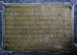 Inscription, on a grave slab in the floor of the Nave of Middlezoy church, to a French officer from the Royal army who was killed in the Sedgemoor battle.