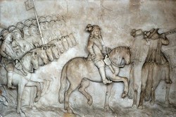 Cavalry officer and troopers on the monument to Colonel Astley in Patshull Church, Shropshire.