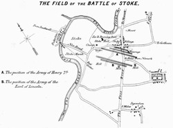 Plan of the battle by Brooke, showing the posiitons of the rebel and royalarmies reversed, because he was working from the confused evidence in Vergil's account of the direction of march of the royal army.