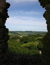 The commanding view from Wigmore Castle of the valley through which the Roman road runs south from Shrewsbury towards Hereford. This is the route along which the Yorkist army is said by some to have marched to the battle of Mortimer's Cross.