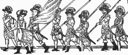 A company of 17th century soldiers in line of march: the division of pike being led their ensign, fife and drum