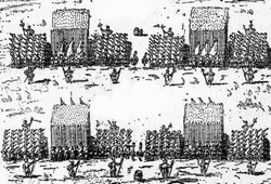 Contemporary illustration of infantry battalions deployed in battle formation, each with a body of pike flanked on either side by a body of musket. The artillery are positioned between the battalions.