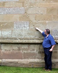 Shot impact scars on the north wall of the tower of Powick church. These and other scars on the church probably resulted from the intial action to take the church by Fleetwoods men at the beginning of the battle.