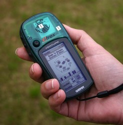 Garmin Etrex Venture GPS unit (Global Positioning System) in use on the Edgehill Survey