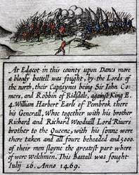 The depiction and text on the battle of Edgecote from John Speed's map of Northamptonshire.