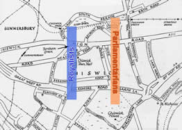 The approximate alignment of the royalist and parliamentarian armies at Turnham Green on the modern street map.