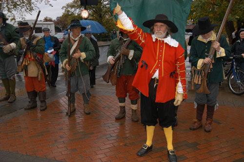 Soldiers from John Hampden’s regiment prepare for the Brentford opening ceremony