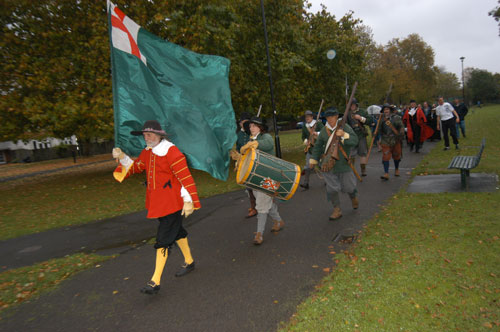 Soldiers from John Hampden’s regiment lead the way to the Acton Green information board