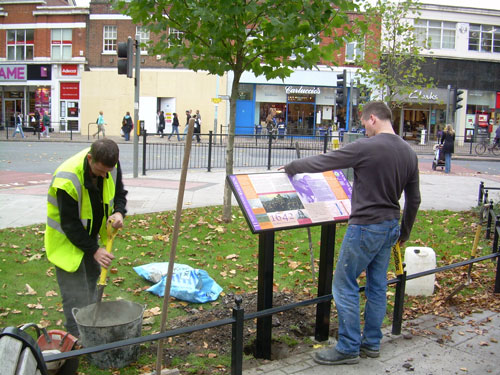 Hounslow Council install the information board at the Barley Mow public house on 24 October 2007