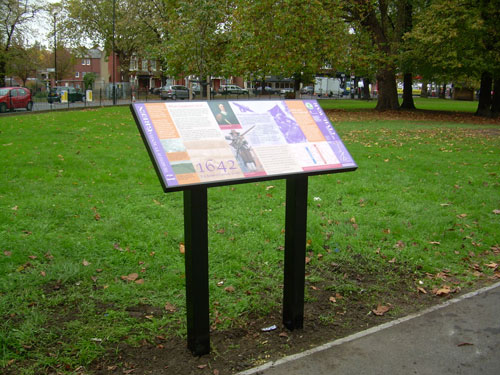 The battle of Turnham Green information board on Acton Green