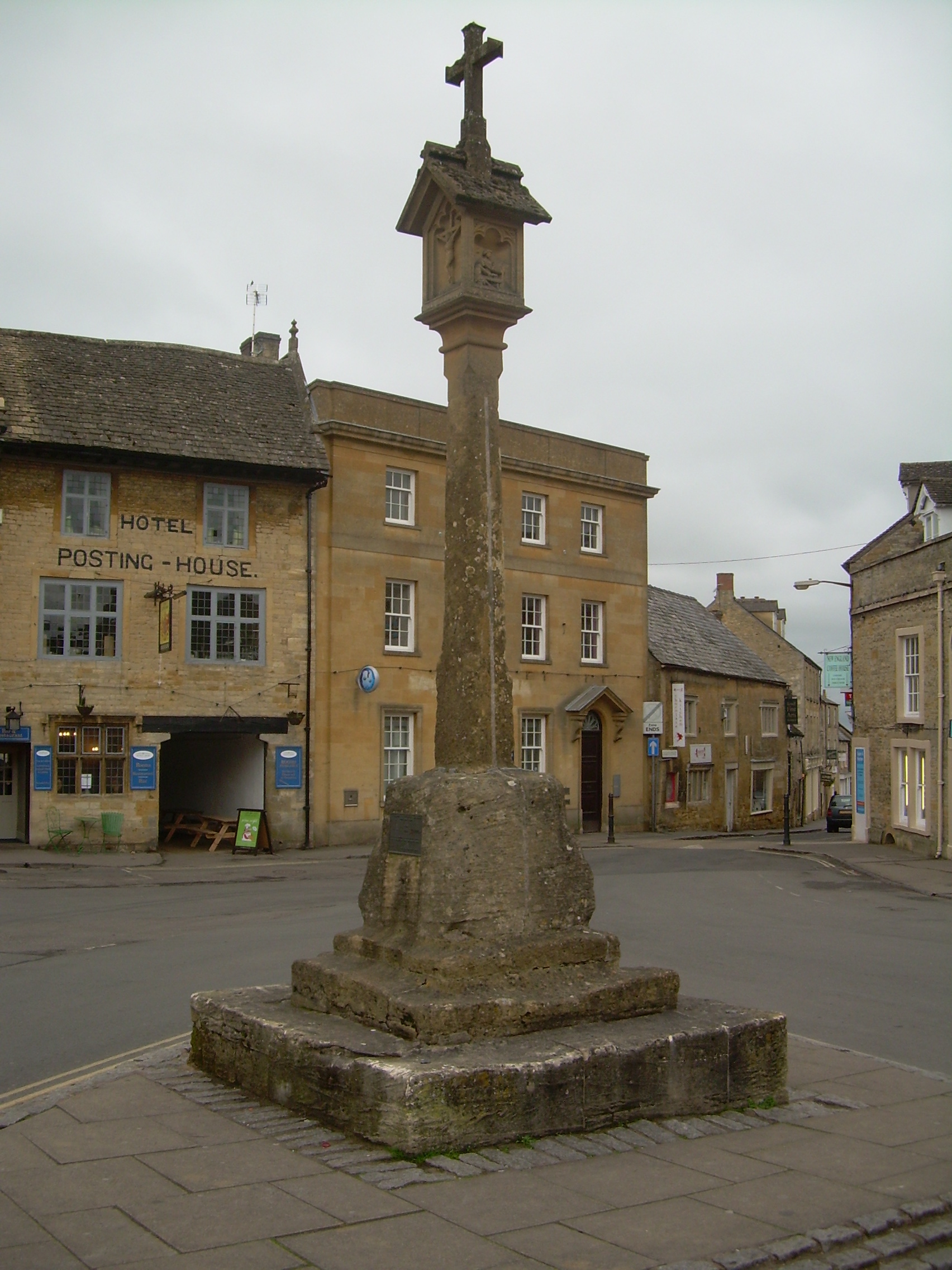 The cross in the Market Square in Stow where the fighting ended