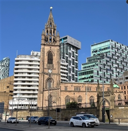 St Nicholas's Church, Liverpool. The church existed at the time of the siege but the present day building had to be substantially rebuilt after bombing during the Second World War.