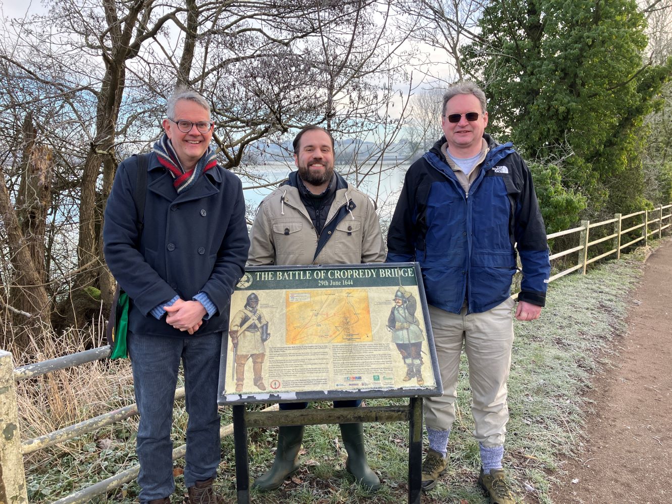 Sean Woodcock MP with Battlefields Trust local member Nigel Smith and the Trust's Research Coordinator, Simon Marsh, at Cropredy Bridge Sean Woodcock MP with Battlefields Trust local member Nigel Smith and the Trust's Research Coordinator, Simon Marsh, at Cropredy Bridge