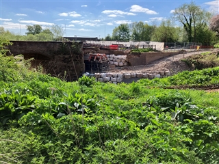 Temporary repair work underway at Powick bridge in April 2025