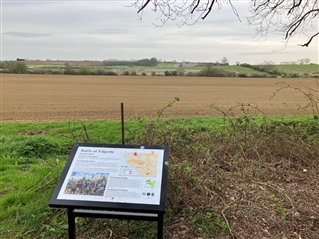 The new Edgcote information board #2 with damage to the battlefield caused by HS2 in the background The new Edgcote information board #2 with damage to the battlefield caused by HS2 in the background