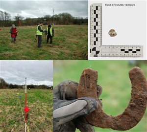 Images: Western Rebellion Battlefields Project. From top left. GPSing of a find, the piece of lead shot found during the survey, systematic surveying underway, and the 16th century horse-shoe find.