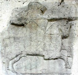13th century knight wearing great helm, with shield, charging with couched lance. Image from a coffin slab fragment in Hampstead Norrey's church, Berkshire.