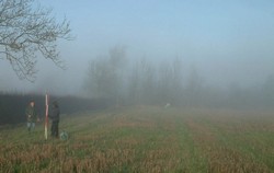Laying out the survey grid on a foggy January morning