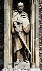 Statue of Ealdorman Brihtnoth on the south wall of All Saints Church, Maldon