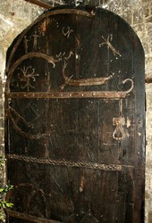Viking period ship depicted in ironwork on the 12th century church door at Stillingfleet, Yorkshire.