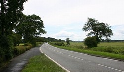 Looking south along the Bristol to Chester road (A41), where it ran through hedged enclosures between the two heaths. Hatton Heath lay just beyond the trees in the disatance where the road curves to the right