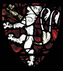 Shield with what used to be thought to be the arms of Simon de Montfort, depicted on 14th century glass in Fladbury church. However Cox has suggested that these may in fact be the arms of a local 14th century family not those of de Montfort.